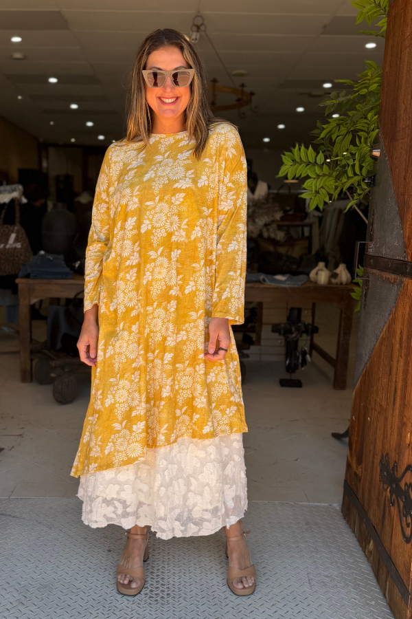 T-SHIRT DRESS LONG SLEEVE - HUSK FLORAL
