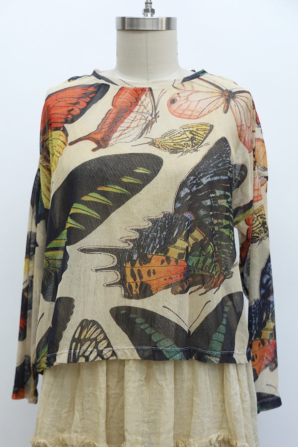 CROP T-SHIRT LONG SLEEVE - CREAM BUTTERFLY