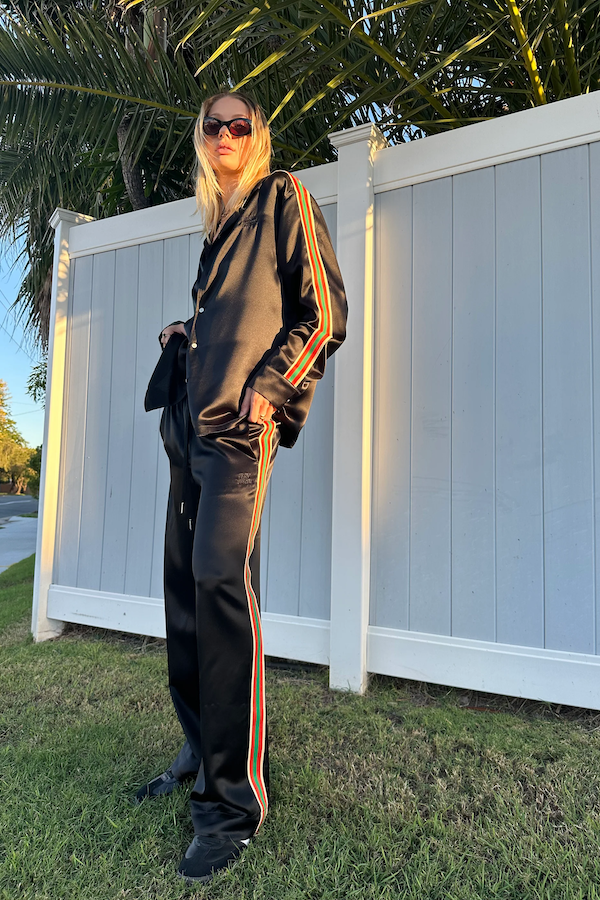 BLACK SATIN STRIPE VACAY PANT