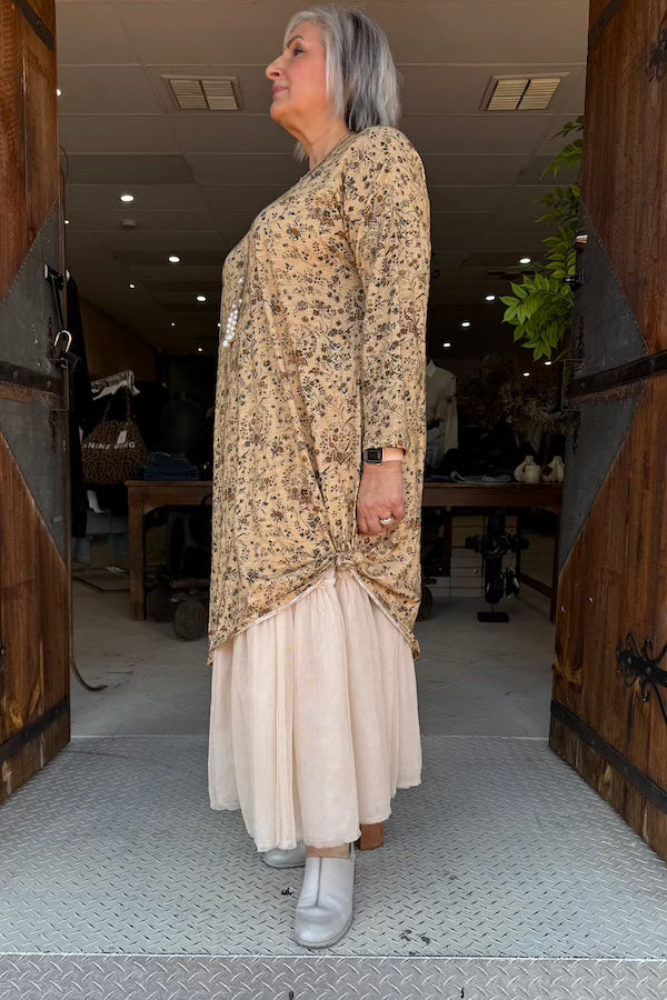 T-SHIRT DRESS LONG SLEEVE - FAWN SMALL FLORAL