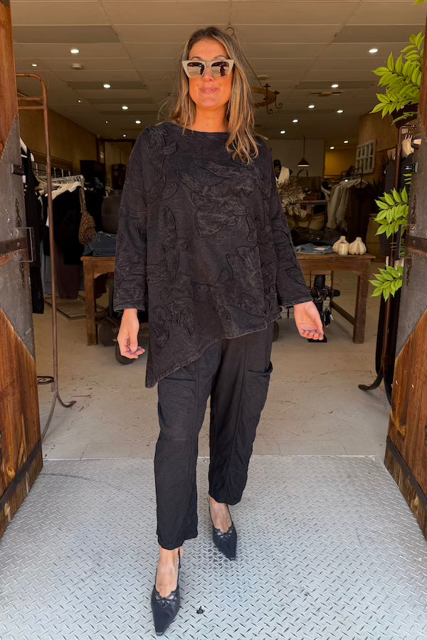 APPLIQUE T-SHIRT LONG SLEEVE - FADED BLACK