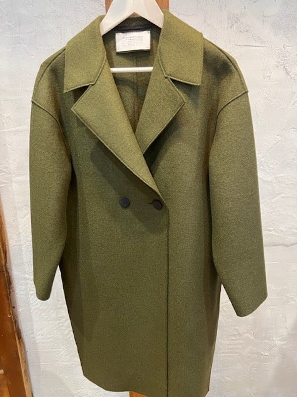 Green wool store overcoat