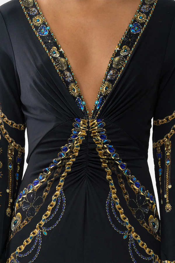 LONG SLEEVE GATHERED DRESS WITH TRAIN