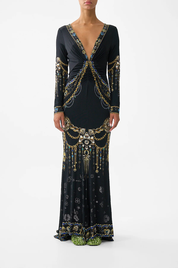 LONG SLEEVE GATHERED DRESS WITH TRAIN