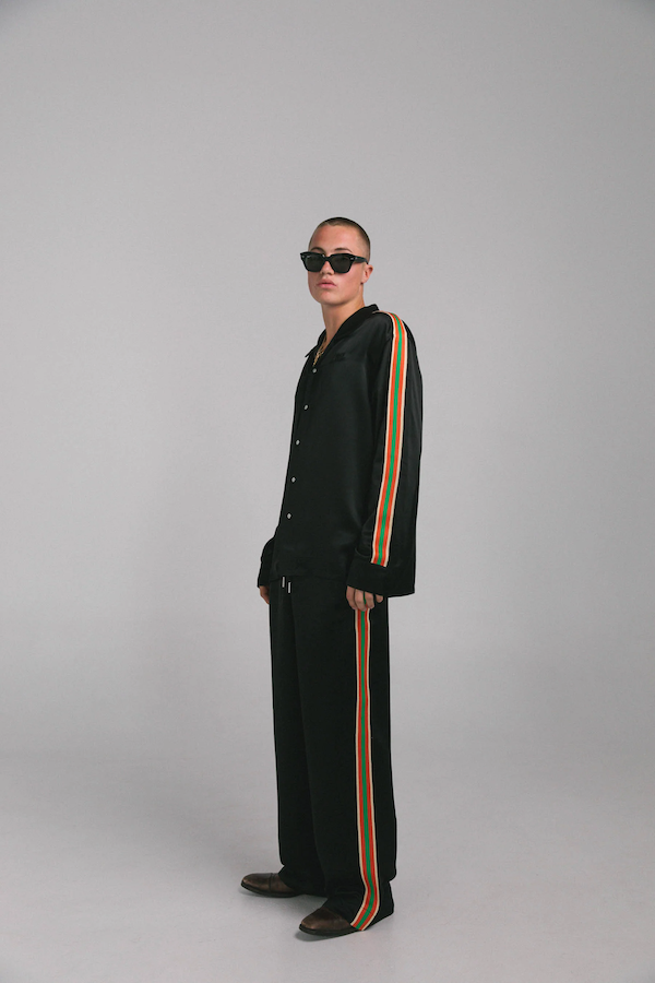 BLACK SATIN STRIPE VACAY PANT