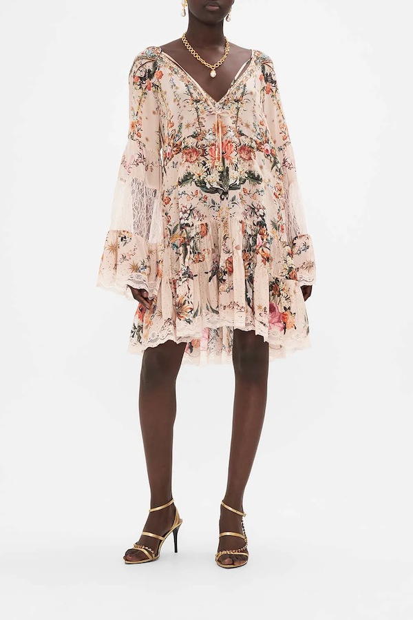 A-LINE GATHERED PANEL DRESS WITH LACE