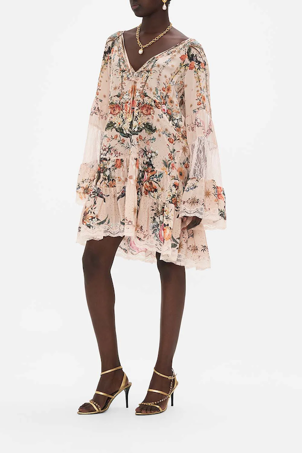 A-LINE GATHERED PANEL DRESS WITH LACE