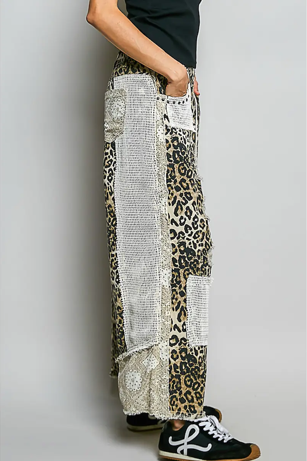 STUD DETAIL WOVEN DENIM PANT - SAND LEOPARD
