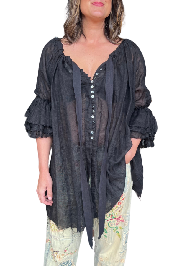 AMANO BUTTON BACK BLOUSE (LINEN GAUZE) BLACK