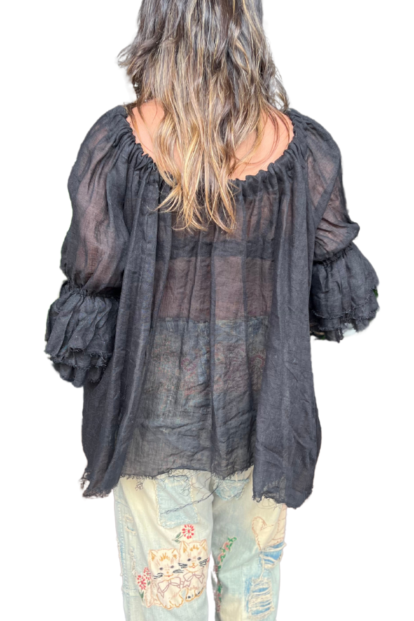 AMANO BUTTON BACK BLOUSE (LINEN GAUZE) BLACK