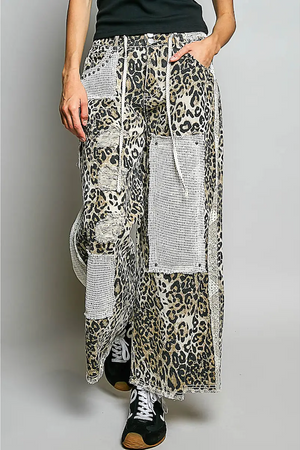 STUD DETAIL WOVEN DENIM PANT - SAND LEOPARD