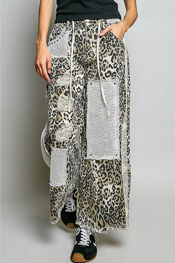 STUD DETAIL WOVEN DENIM PANT - SAND LEOPARD
