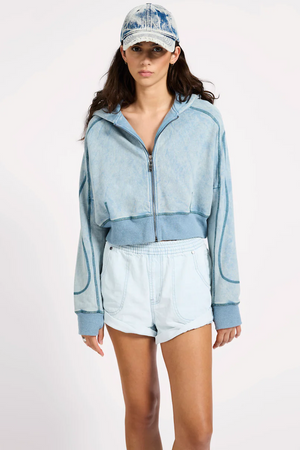 CROPPED FLEECE ZIP HOODY - WASHED BLUE