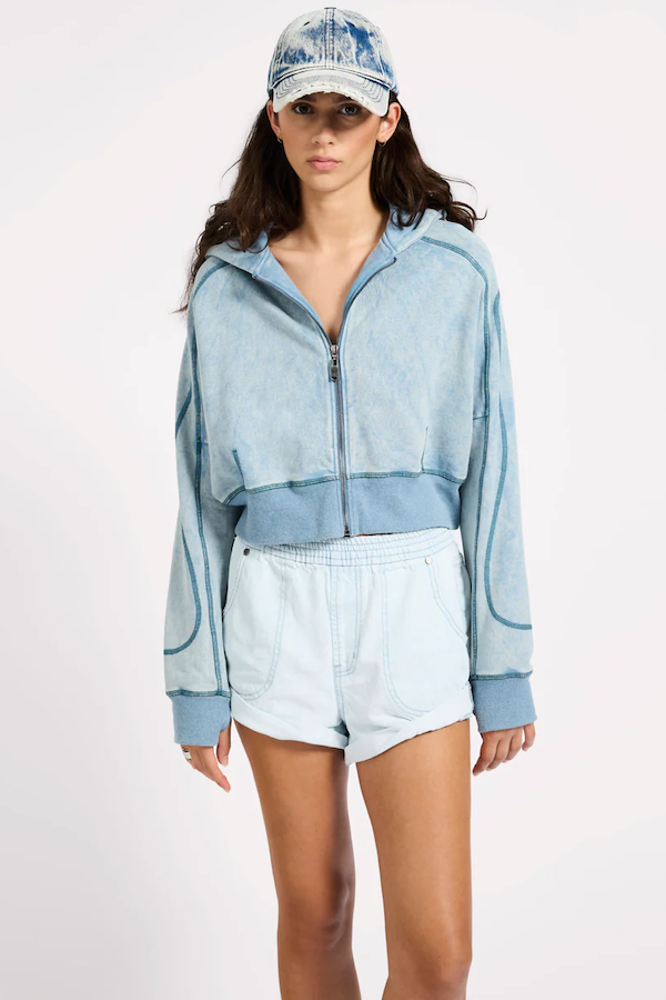 CROPPED FLEECE ZIP HOODY - WASHED BLUE