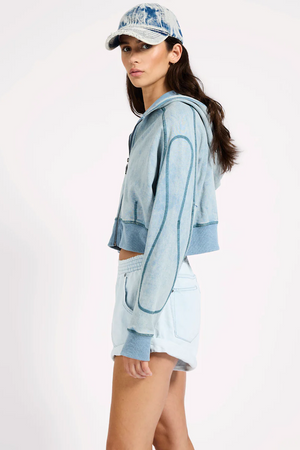 CROPPED FLEECE ZIP HOODY - WASHED BLUE