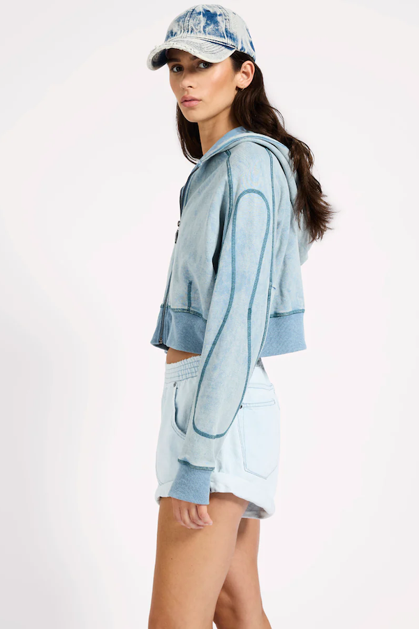 CROPPED FLEECE ZIP HOODY - WASHED BLUE