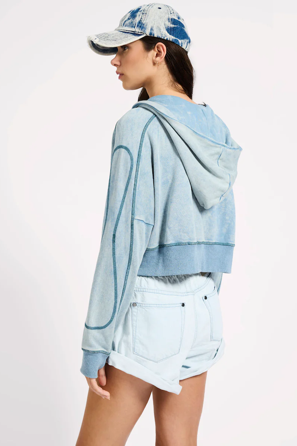 CROPPED FLEECE ZIP HOODY - WASHED BLUE