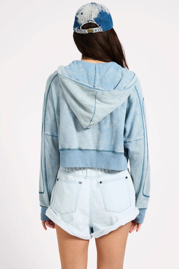 CROPPED FLEECE ZIP HOODY - WASHED BLUE