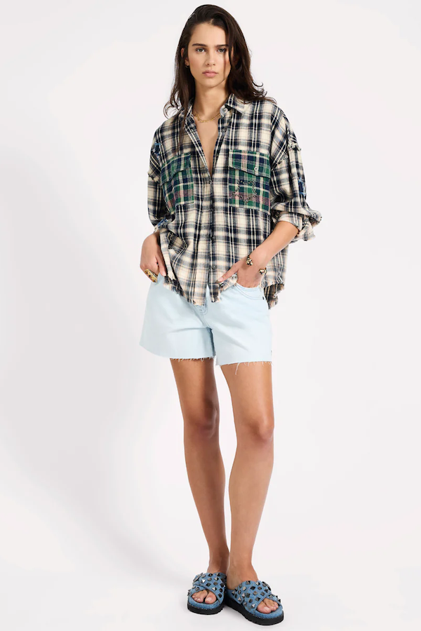 FLANNEL STAR STUDDED SHIRT - CREAM BLUE