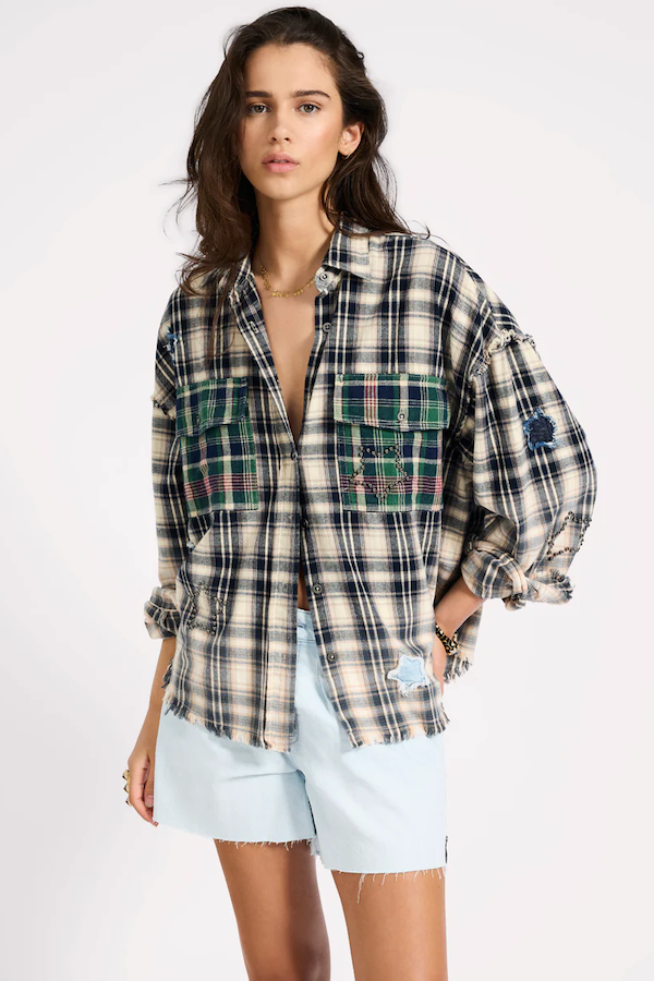 FLANNEL STAR STUDDED SHIRT - CREAM BLUE