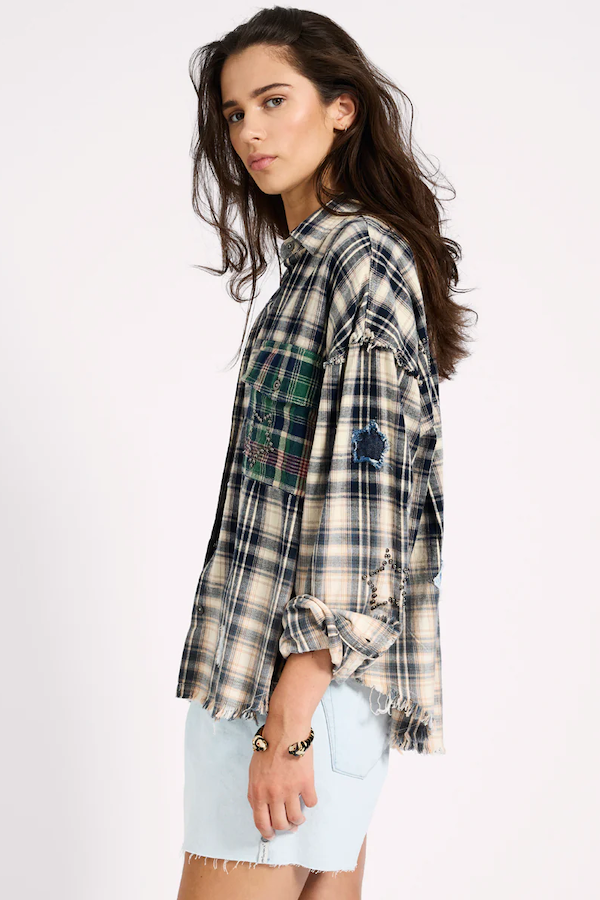 FLANNEL STAR STUDDED SHIRT - CREAM BLUE
