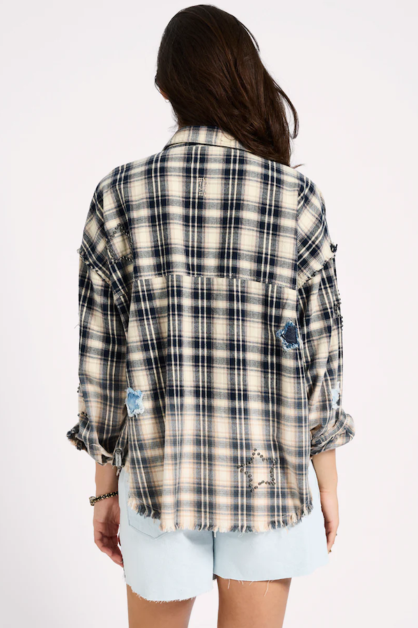 FLANNEL STAR STUDDED SHIRT - CREAM BLUE