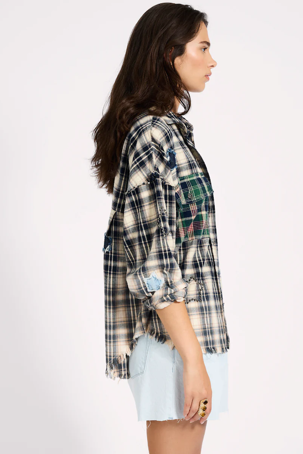 FLANNEL STAR STUDDED SHIRT - CREAM BLUE
