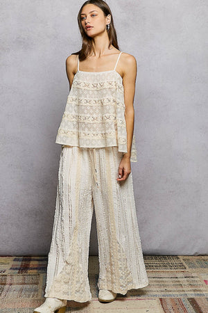 WAISTBAND LACE CROCHET PATCH SOLID WIDE PANTS