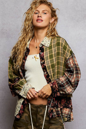 LONG SLEEVE PLAID PATCHWORK FLORAL RUFFLE DETAIL SHIRT