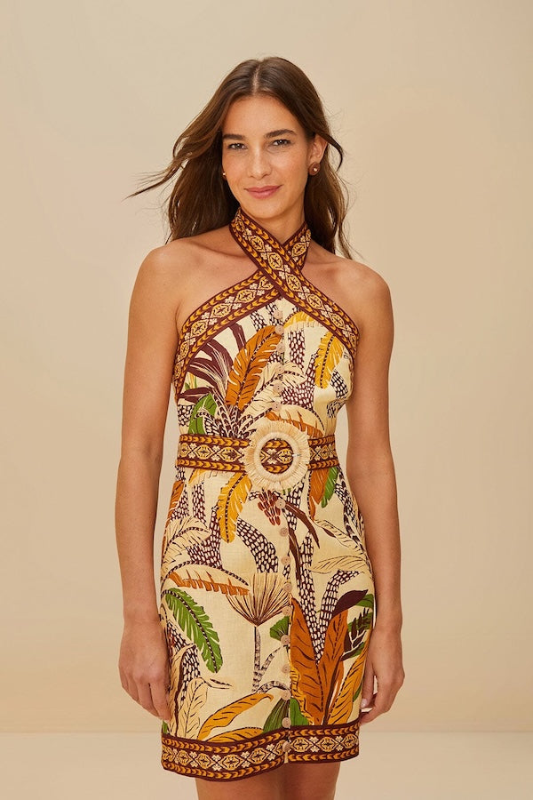 SAND FOLIAGE SKETCH LINEN MINI DRESS
