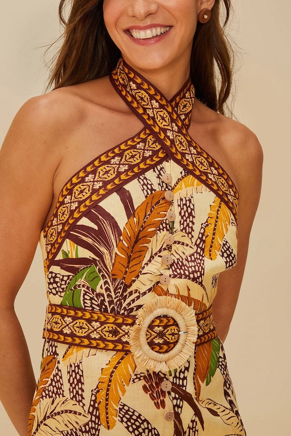 SAND FOLIAGE SKETCH LINEN MINI DRESS