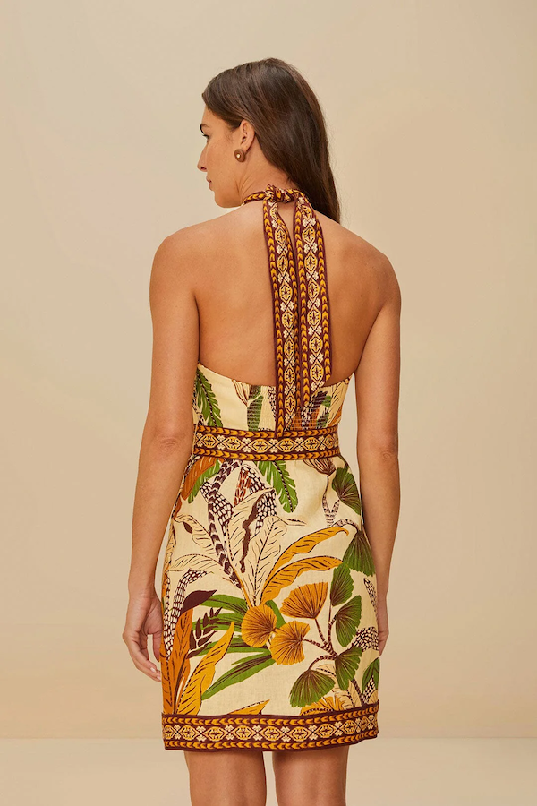 SAND FOLIAGE SKETCH LINEN MINI DRESS