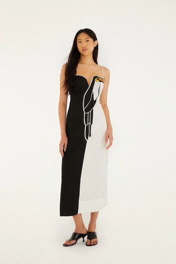 BLACK AND WHITE EMBROIDERED TOUCAN SLEEVELESS MAXI