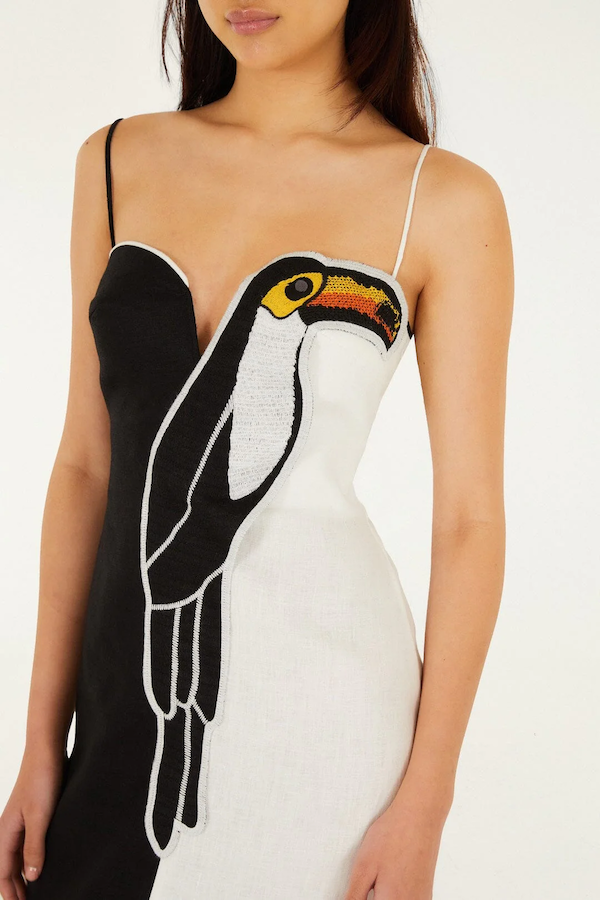 BLACK AND WHITE EMBROIDERED TOUCAN SLEEVELESS MAXI
