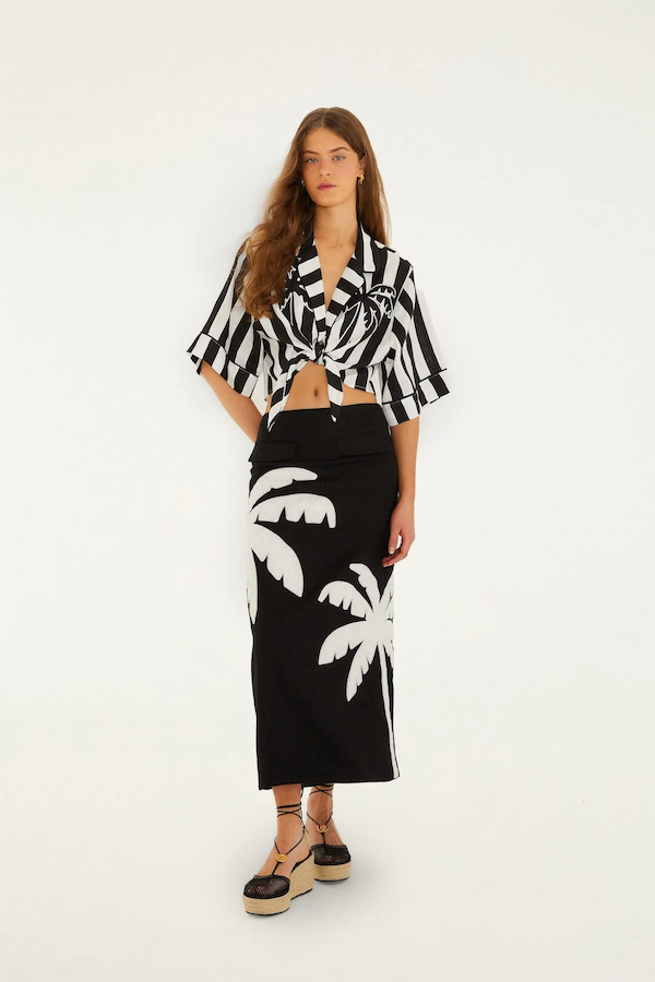 BLACK EMBROIDERED PALM TREE MAXI SKIRT
