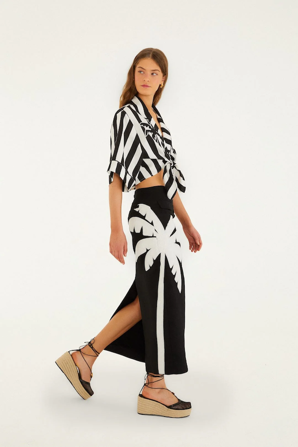 BLACK EMBROIDERED PALM TREE MAXI SKIRT