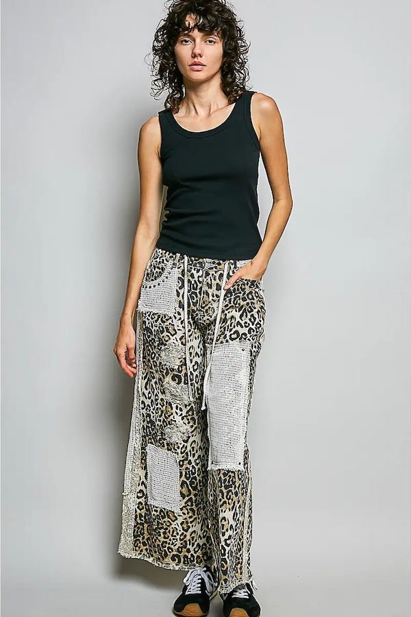 STUD DETAIL WOVEN DENIM PANT - SAND LEOPARD