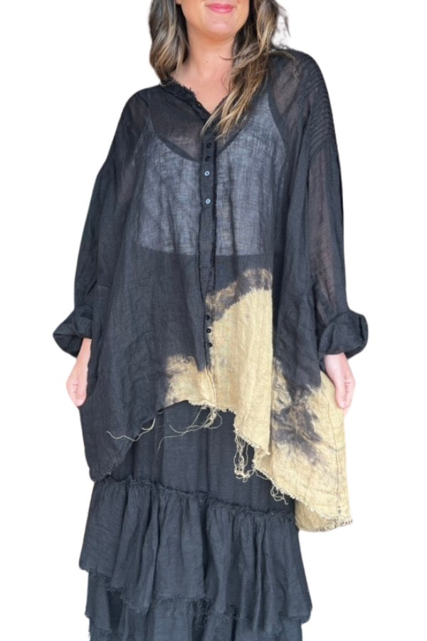 LINEN GAUZE PIN TUCK OVERSIZE SHIRT BLACK/TIE DYE