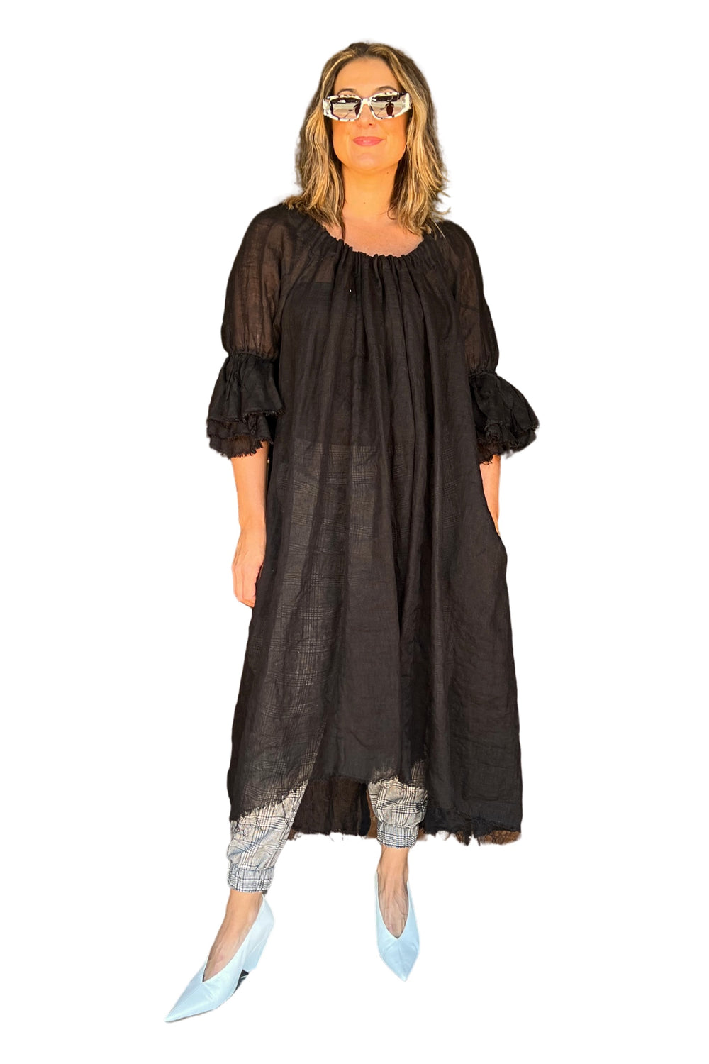AMANO BUTTON BACK DRESS (LINEN GAUZE) BLACK
