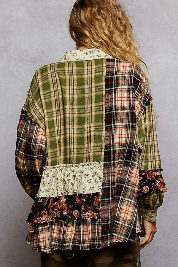 LONG SLEEVE PLAID PATCHWORK FLORAL RUFFLE DETAIL SHIRT