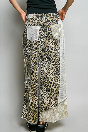 STUD DETAIL WOVEN DENIM PANT - SAND LEOPARD