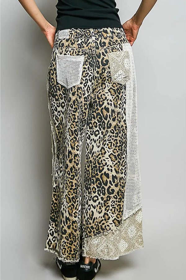 STUD DETAIL WOVEN DENIM PANT - SAND LEOPARD