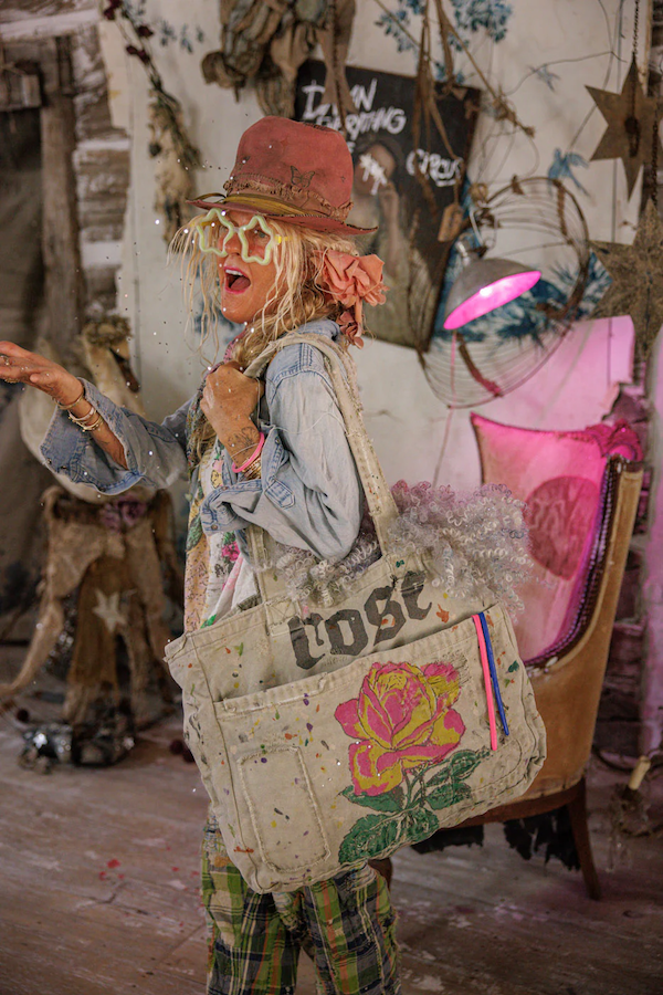 HAND-PAINTED ROSE TOTE BAG - BAG 096