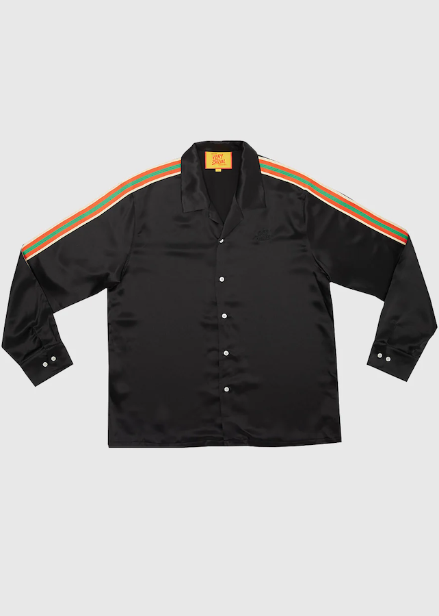 BLACK LS STRIPE SATIN RESORT SHIRT