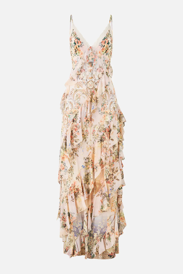 ASYMMETRICAL RUFFLE SLIP DRESS