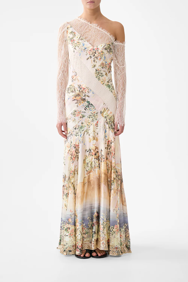 LACE SPLICE ONE SHOULDER DRESS