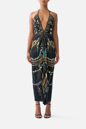 V NECK GATHERED JERSEY DRESS