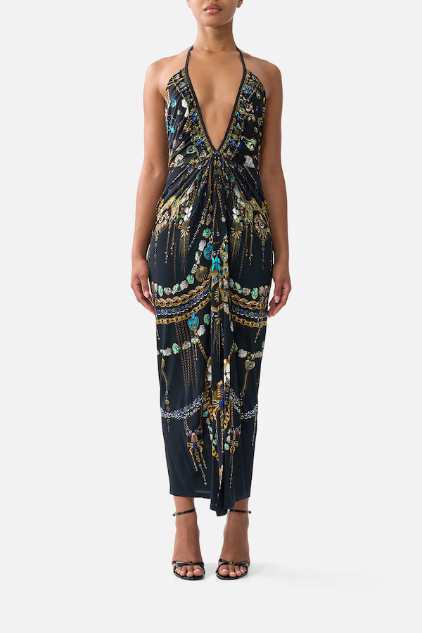 V NECK GATHERED JERSEY DRESS