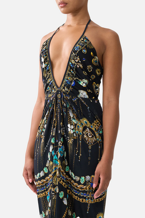 V NECK GATHERED JERSEY DRESS