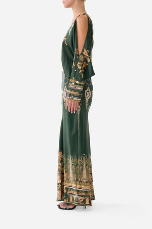PLUNGE NECK DRAPED SHOULDER DRESS